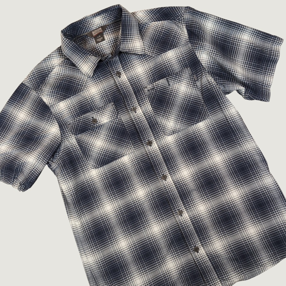 Outdoor Research Growler S/S Shirt Mens L Blue Plaid Nylon Hiking Tech Gorpcore